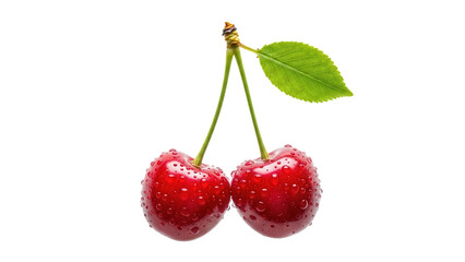 Two fresh red cherries with water droplets isolated PNG, sweet summer fruit on transparent...