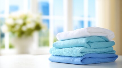 Soft towels are stacked near a large window with natural light