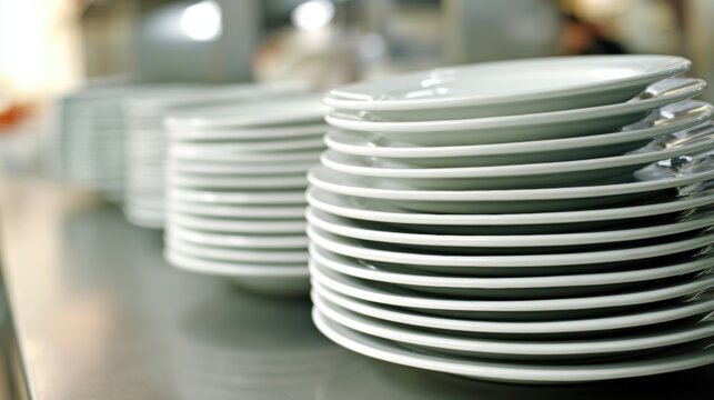 Stacked white plates in a busy kitchen during meal service time - Powered by Adobe