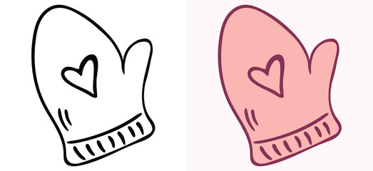 Hand drawn outline and colored illustration set of a single oven mitt featuring a small heart symbol. This vector sketch includes both versions related to cooking, baking, and kitchen themes 