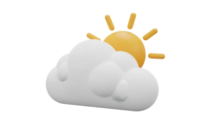 Partly sunny weather icon PNG isolated on transparent background, cute cartoon cloud and sun for weather forecast apps