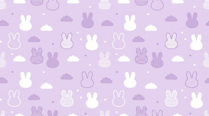パステルカラーの紫色、可愛いウサギのシルエットと雲のパターン背景