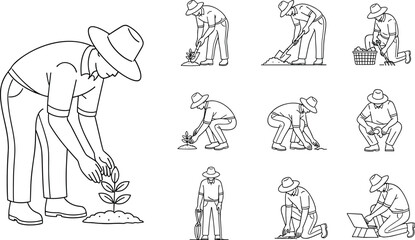 Dedicated Farmer Planting Seedling in Rich Soil, Showcasing Sustainable Agriculture and Modern Technology in Rural Life, Cultivating Growth for Future Harvest, Farm Work Illustration