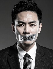 A man with &ldquo;CENSORED&rdquo; tape over his mouth symbolizes silenced speech, media oppression, and restricted expression.