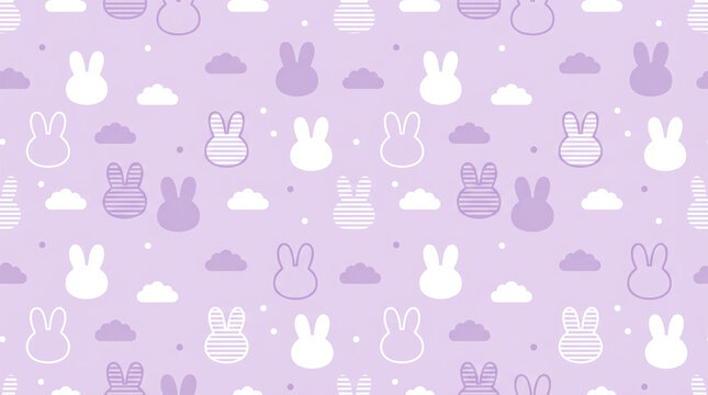 パステルカラーの紫色、可愛いウサギのシルエットと雲のパターン背景