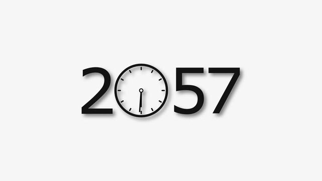 2057 Year clock animation on white background. Digital clock icon and calendar icon concept 4k video.
