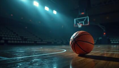 Basketball rests on a wooden court under bright spotlights in a modern indoor arena. Sport game concept with an orange ball in the dark, empty stadium. Night game competition.