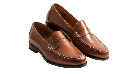 Pair of brown leather penny loafers isolated PNG, classic footwear for men s fashion and formal occasions on transparent background