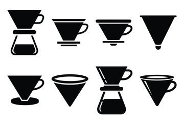 Set of Minimalist black pour over cone kitchen tool silhouette icon set