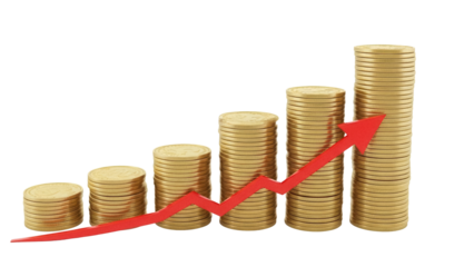 Stacks of golden coins with red arrow isolated PNG, financial growth and investment concept for business and economic development on transparent background