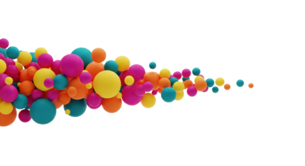 Vibrant magenta, teal, orange, and yellow matte 3d spheres floating in a dynamic flow against a transparent studio background with copy space, playful graphic design concept.