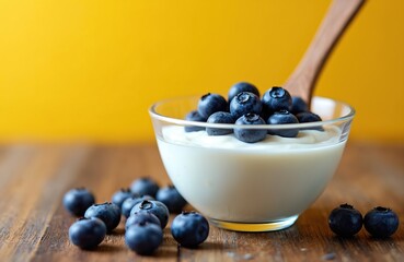 Close up photo of yogurt with blueberries in glass bowl. Wooden spoon inside. Fresh blueberries on table near the bowl. Yellow background. Delicious breakfast or snack.