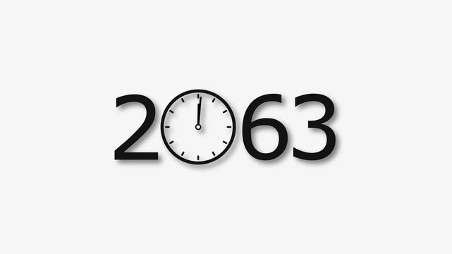 2063 Year clock animation on white background. Digital clock icon and calendar icon concept 4k video.