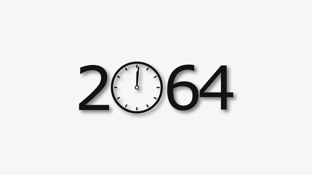 2064 Year clock animation on white background. Digital clock icon and calendar icon concept 4k video.