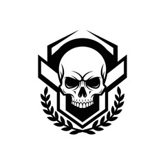 Obraz premium Monochrome Skull Emblem Design with Geometric and Foliage Elements for Dark Arts Visuals