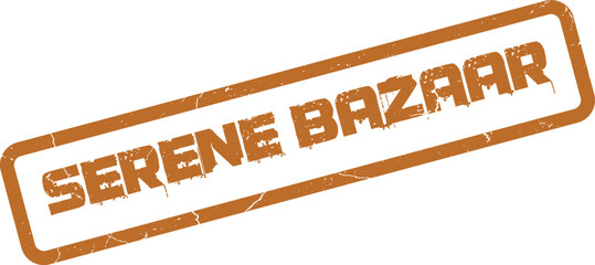 A weathered distressed orange ink stamp impression promoting a peaceful Serene Bazaar marketplace