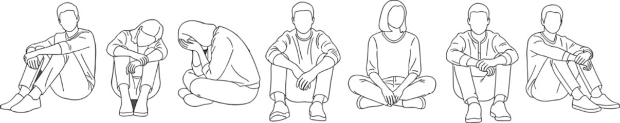 Minimalist Blue Line Art Drawing of Young People Sitting Relaxed and Depressed on the Ground, Representing Loneliness, Mental Health, and Emotional Distress.