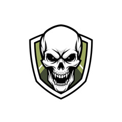 Fototapeta premium Skull emblem on shield, symbol of mortality and protection graphic design illustration