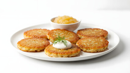 Hanukkah latkes with sour cream on white plate
