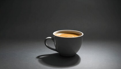 A solitary cup of coffee on a dark, reflective surface, highlighting its rich color and inviting warmth.
