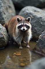 Obraz premium Raccoon stands in shallow water among large rocks. Its striped tail and masked face are prominent. The animal looks directly at the camera with curious eyes.