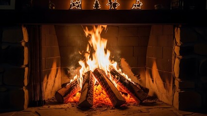 A close-up view of a cozy fireplace with burning logs and festive christmas decorations