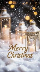 Atmospheric Christmas Lanterns Glowing in Fresh Fallen Winter Snow Creating a Peaceful Festive Scene