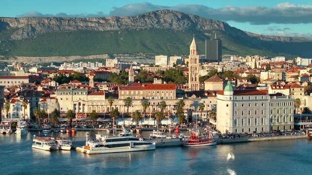 Diocletian's Palace in Split, Aerial drone shot of Old Town and cityscape at sunset time in Split, Croatia