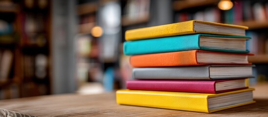 Colorful Stack of Books on Wooden Table in Cozy Library with Blurred Background