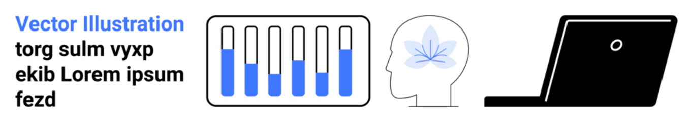 Progress bars with varying levels, human head with leaf symbol, and laptop emphasizing analytics, innovation, and connectivity. Ideal for technology, productivity, mental health, growth business