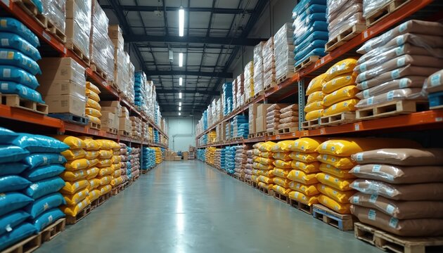 Large warehouse stores stacks of packaged goods, including colorful bags and cardboard boxes on shelves. This facility holds inventory for distribution and sale, ready for shipment.
