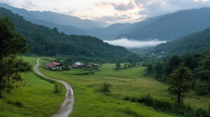 Picturesque mountain valley with winding dirt road and early morning fog rolling in the distance