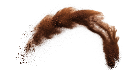 dark roasted coffee powder splash, frozen in a dynamic arc, detailed macro shot showing ultra-fine grains against a transparent background with copy space. concept for beverage advertising