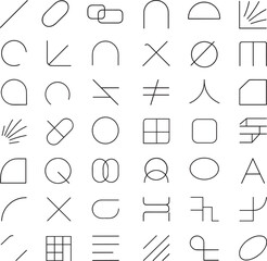 Collection of Simple Geometric Shapes and Symbols in Black Outline on White Background abstract