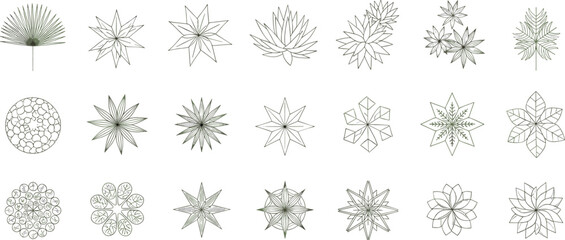 Top-View Tropical Foliage Collection: Agave, Palm, and Decorative Starburst Flowers Vector Icons for Architectural Landscape Design, CAD Drawing Elements, and Botanical Graphic Assets.