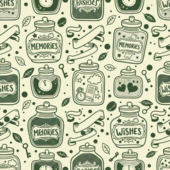 A memories pattern seamless jar doodle wishes vintage label leaf scroll star heart dot whimsical repeat