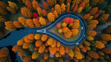 Aerial view of a winding road through a colorful autumn forest with vibrant fall foliage and a scenic river