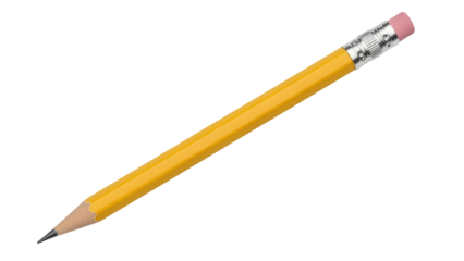 Yellow pencil with eraser PNG isolated on transparent background, school and office supply for writing and drawing