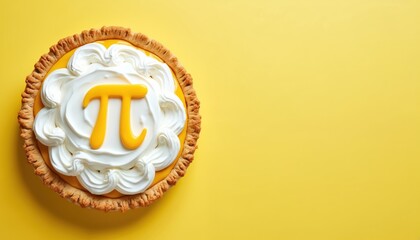 Delicious pie with whipped cream and pi symbol on top sits on yellow background. Sweet baked dessert is perfect for Pi Day celebration. Tasty treat on bright background.