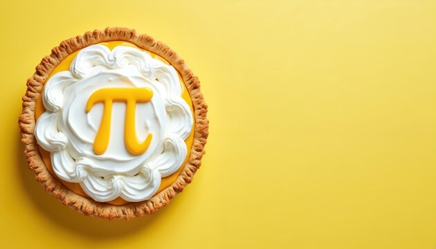 Delicious pie with whipped cream and pi symbol on top sits on yellow background. Sweet baked dessert is perfect for Pi Day celebration. Tasty treat on bright background.