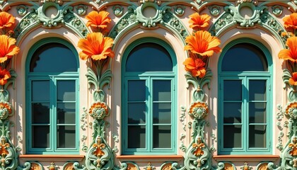 Fototapeta premium Illustration of building facade. Art Nouveau design features floral motifs, ornate details. Arched windows with turquoise frames. Colorful facade decor with bright orange flowers. Architectural