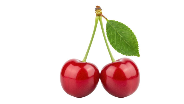 Two ripe red cherries with stem and leaf isolated PNG, fresh summer fruit on transparent background for healthy eating and dessert concepts - Powered by Adobe