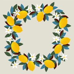 decorative plant frame of lemons, flowers, and leaves on a light gray background. flat pattern with citrus fruit texture. stock vector illustration. EPS 10