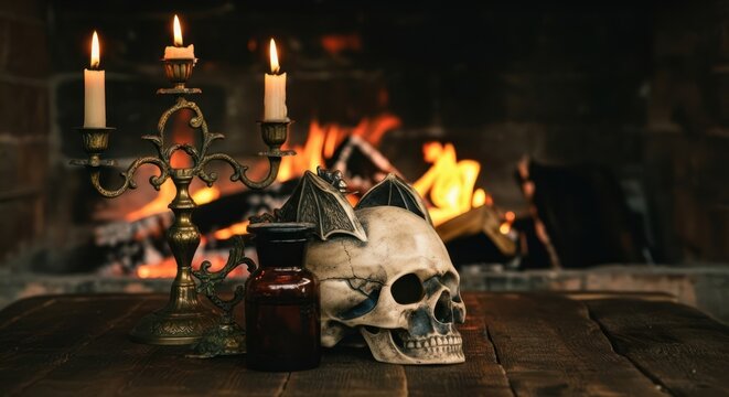 Atmospheric Halloween scene with skull, candles, and antique candelabra on a wooden table, fireplace glowing in background.
