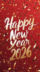 Festive Happy New Year 2026 Greeting Card Design Featuring Golden Confetti on a Red Background