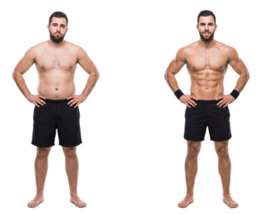 Before and after male fitness transformation on white or transparent background.