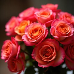 Obraz premium Vibrant bouquet of pink and orange roses in soft focus