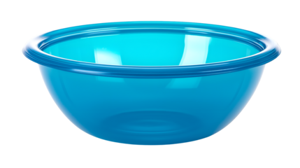 Bright cyan translucent plastic mixing bowl with a wide rim on a solid for kitchen use