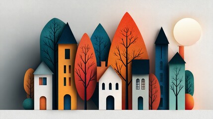 Colorful stylized urban neighborhood with trees, houses, and light, for design or illustration