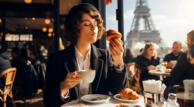 Woman in Parisian cafe enjoying croissant and coffee with Eiffel Tower view